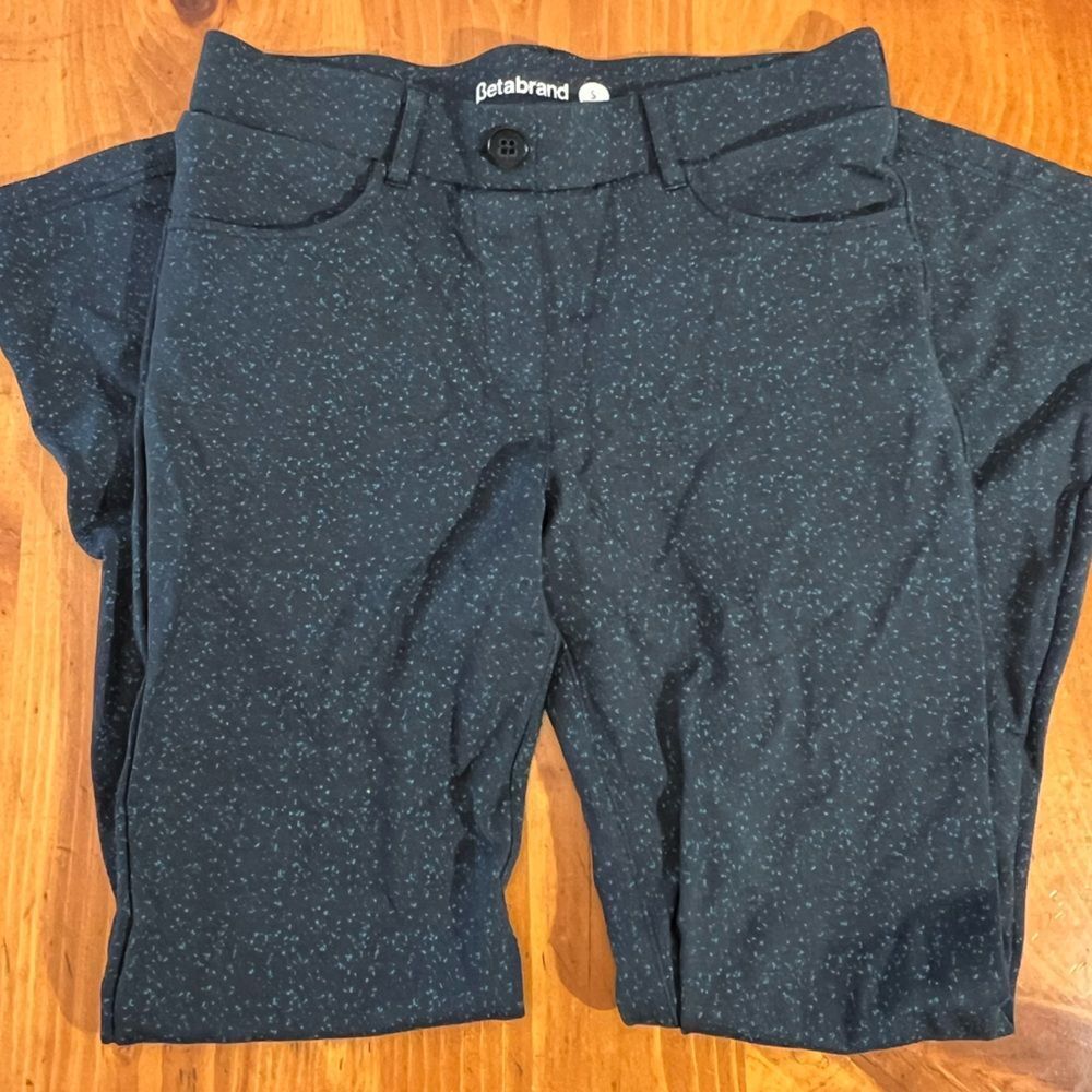 Betabrand Stretchy Comfy Pull On Navy Blue Straight Leg Pants w/ aqua speckle SP